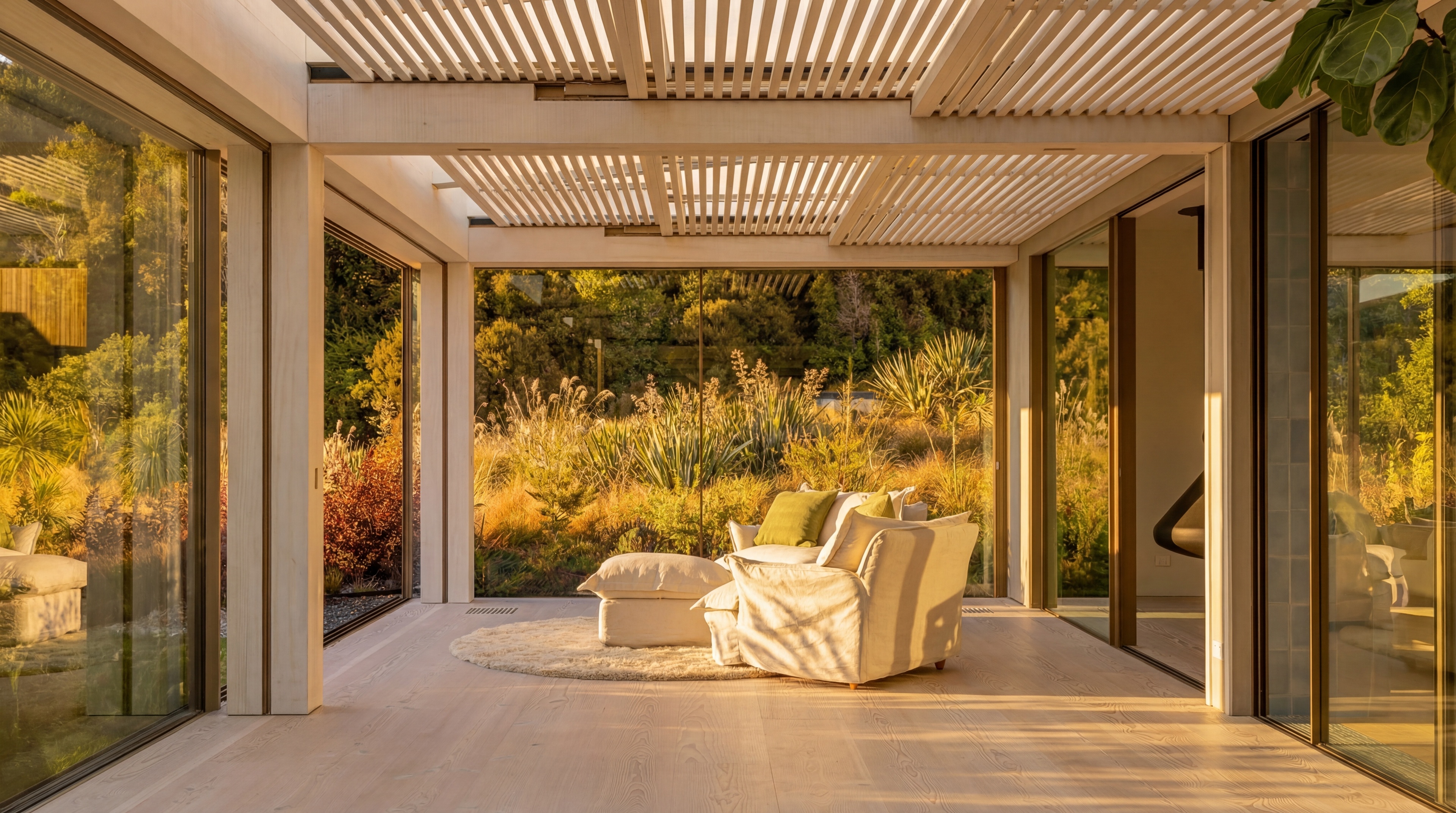 Sheltered outdoor lounge beneath slatted pergola with views to native garden